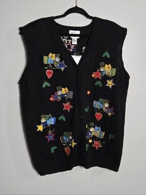The Quacker Factory Vintage Angel Embroidered Sweater Vest 1X Black Button Cover